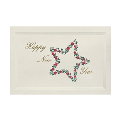 Holiday Greeting Cards - Engraved Green/Red Star - Gold Happy New Year 